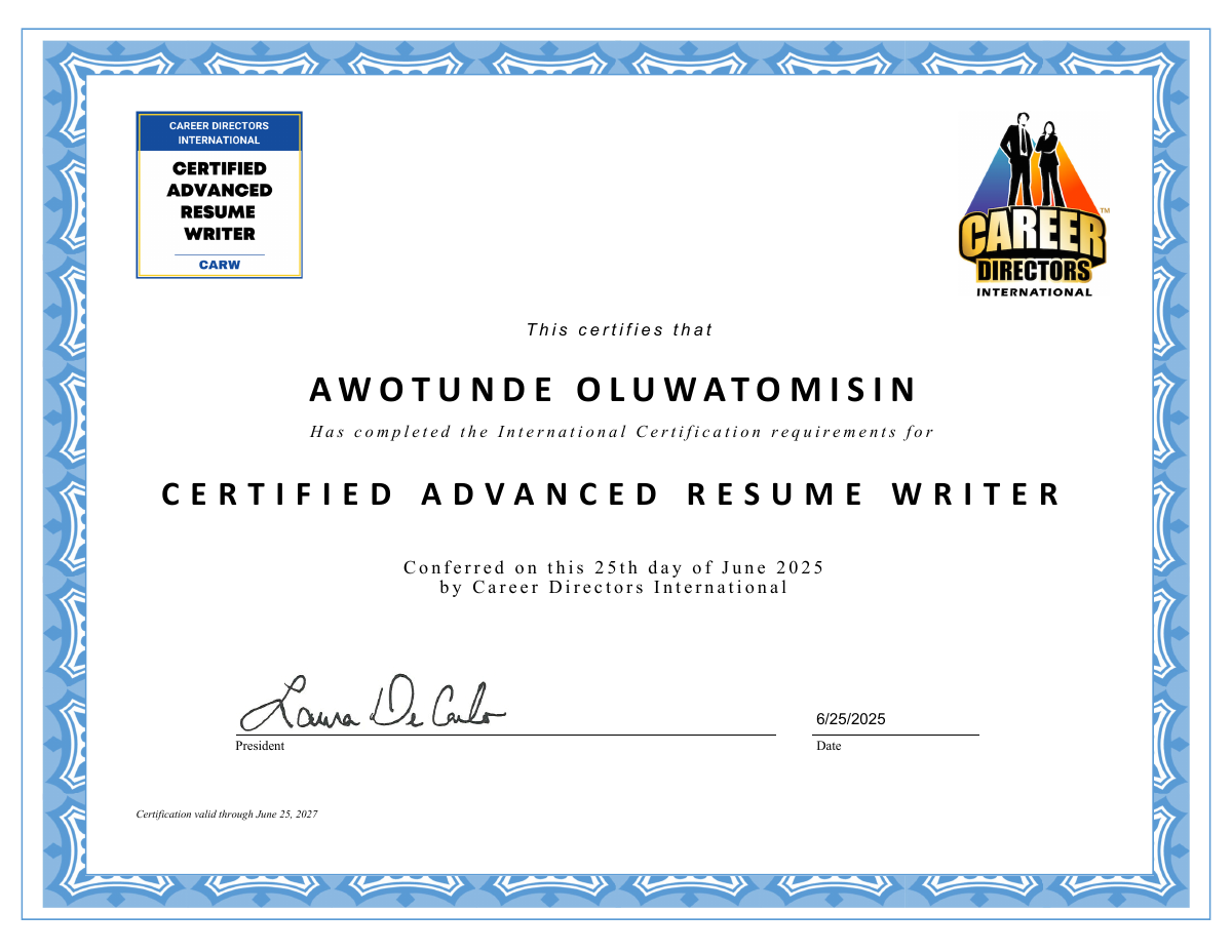 CARW certificate awarded to Awotunde Oluwatomisin